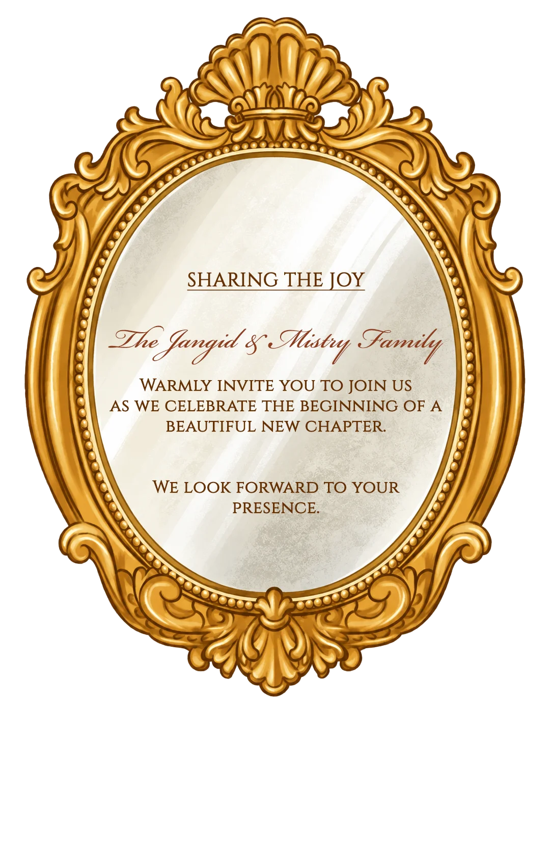 Sharing the joy — The Jangid and Mistry Family warmly invite you to join us as we celebrate the beginning of a beautiful new chapter. We look forward to your presence.